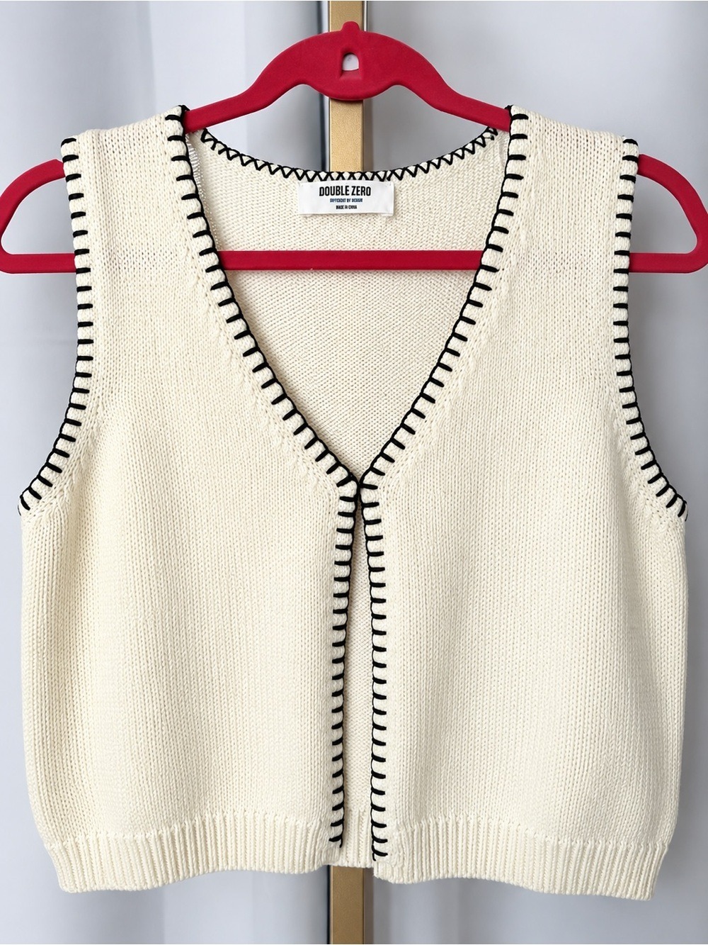 Double Zero Cream V-Neck Knit Vest with Black Stitch Trim